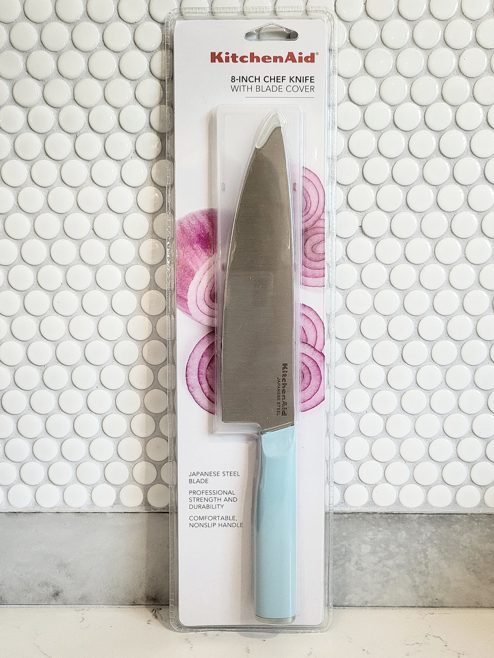 KitchenAid 8-Inch Chef Knife in Light Blue with Blade Cover